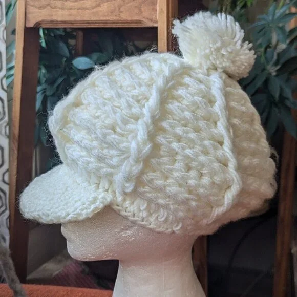 Scandi Girl Fiddler Newsboy‎ Pageboy Knit Hat Cadet Brim Pom Pom Boho Vintage - Picture 8 of 8